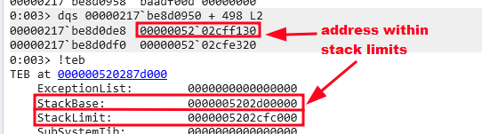 Heap buffer at offset 0x498 contains a stack address